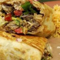Burrito Dinner | Rice, Beans & Salad (Con Arroz, Frijoles Y Ensalada) · Burrito Dinner Made With Your Choice Of Meat, Foot Long Flour Tortilla, Mexican Style Yellow...
