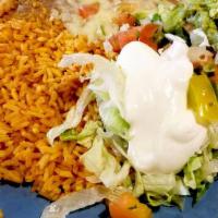 Vegetarian Dinner | Rice & Beans (Sin Carne) · Your Choice Of Add-ons Served With Mexican Style Yellow Rice, Refried Beans + Small Salad (l...