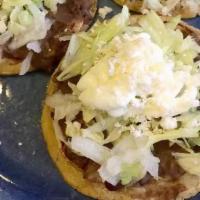 Sopes · 3 Savory Sopes Made With Your Choice Meat, Thick Corn Tortillas, Refried Beans, Avocados, Le...