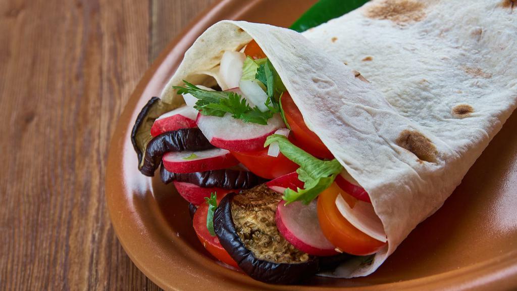 Eggplant Special Wrap · Fresh fried eggplant, melted mozzarella, roasted peppers and balsamic vinegar in a fresh wrap.