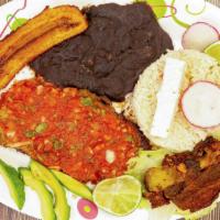 Plato Tipico (Typical Dishes) · Pernil, grill steak, rice, beans, plantain, cheese, or cream.