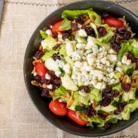 Giardinastro Salad · Cucumbers, Gorgonzola cheese, tomatoes, dried cranberries, caramelized almonds