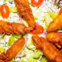 Buffalo Chicken Salad · Fresh field greens, tomatoes, celery, and red onion tossed in creamy-blue cheese dressing. T...