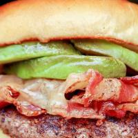 Tex-Mex Burger · Fresh avocado, tomatoes, cheddar cheese, jalapeno bacon and chipotle ranch. Prepared with a ...