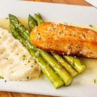 Salmon · Cafe Argentino favorite: Pan-seared Atlantic salmon filet served with chive mashed potatoes ...