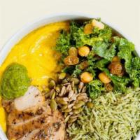 Chef'S Soup Bowl · Butternut squash soup poured over roasted chicken, basmati rice, sautéed greens, super seeds...