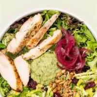Brussel Hustle Bowl · Roasted chicken, field greens, shaved Brussels sprouts, avocado bean dip, chimichurri sauce,...