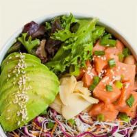 Yuzu Poke Bowl · Salmon poke´ (raw), field greens, spicy cold noodles, sesame avocado, yuzu vinaigrette, and ...