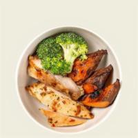 Junior Bowl · Charred broccoli, sweet potatoes and roasted chicken