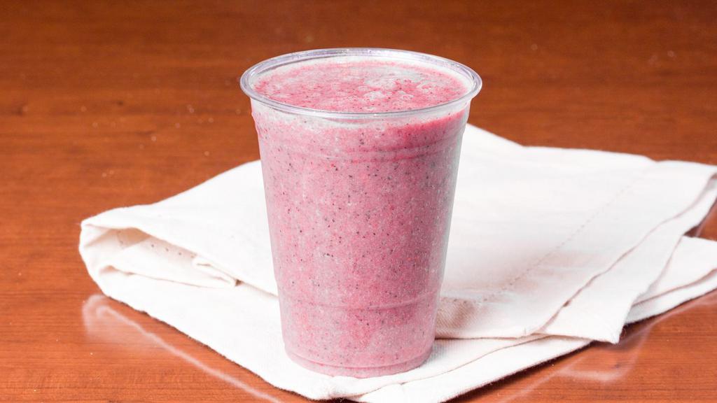 Tropical Thunder Smoothie · Strawberry, blueberry, banana, pineapple, and apple juice.