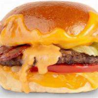 Double Cheeseburger Deluxe · 2 100% Black Angus Beef Patties, American & Aged Cheddar, Dill Pickles, Bacon Caramelized On...
