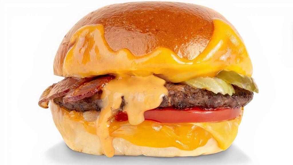 Double Cheeseburger Deluxe · 2 100% Black Angus Beef Patties, American & Aged Cheddar, Dill Pickles, Bacon Caramelized Onion, Tomato & Burger Sauce On A Potato Bun..