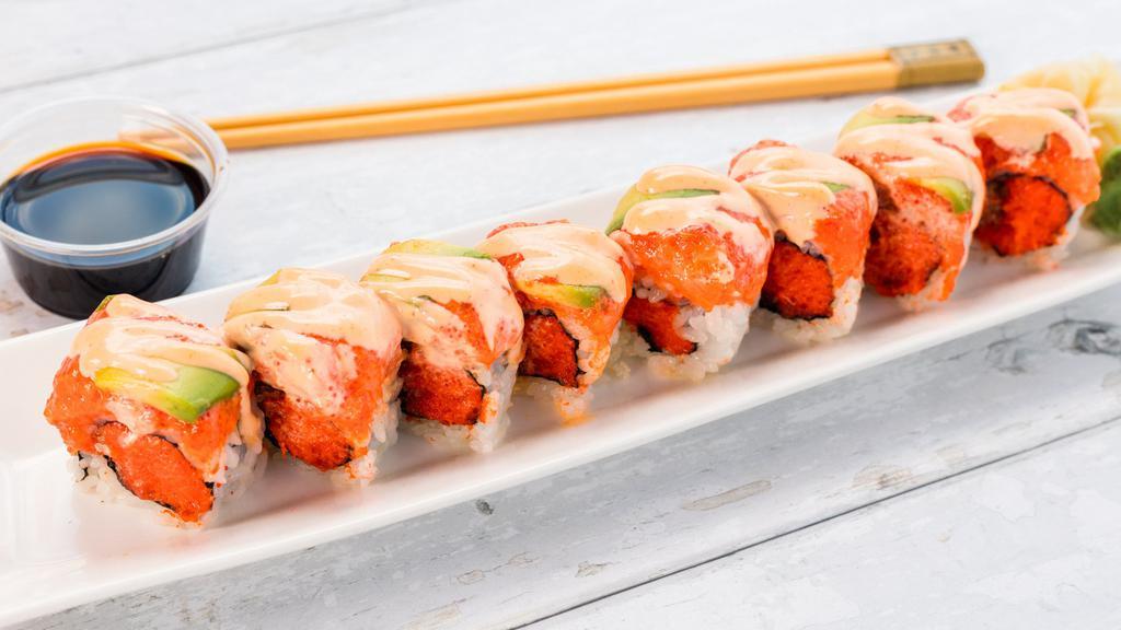 Volcano Roll* · Spicy tuna, crunch, top with spicy salmon, avocado and spicy mayo.