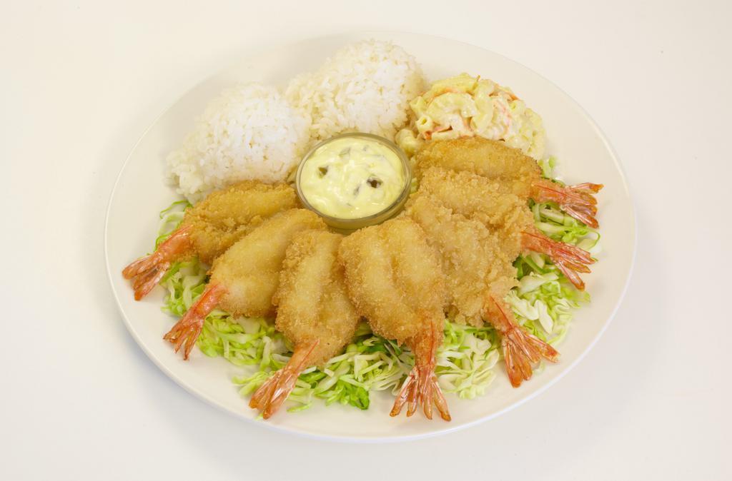 Fried Shrimp · Regular plate lunch includes 2 scoops of rice and 1 scoop of macaroni salad. Mini plate lunch includes 1 scoop of rice and 1 scoop of macaroni salad.