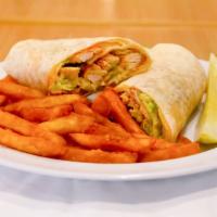 California Wrap · Grilled chicken, guacamole spread, bacon, tomatoes, salsa and cheddar cheese. Served with co...
