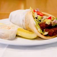 Falafel Sandwich · Lettuce, tomato red onions, tahini sauce. Served with coleslaw and pickles.