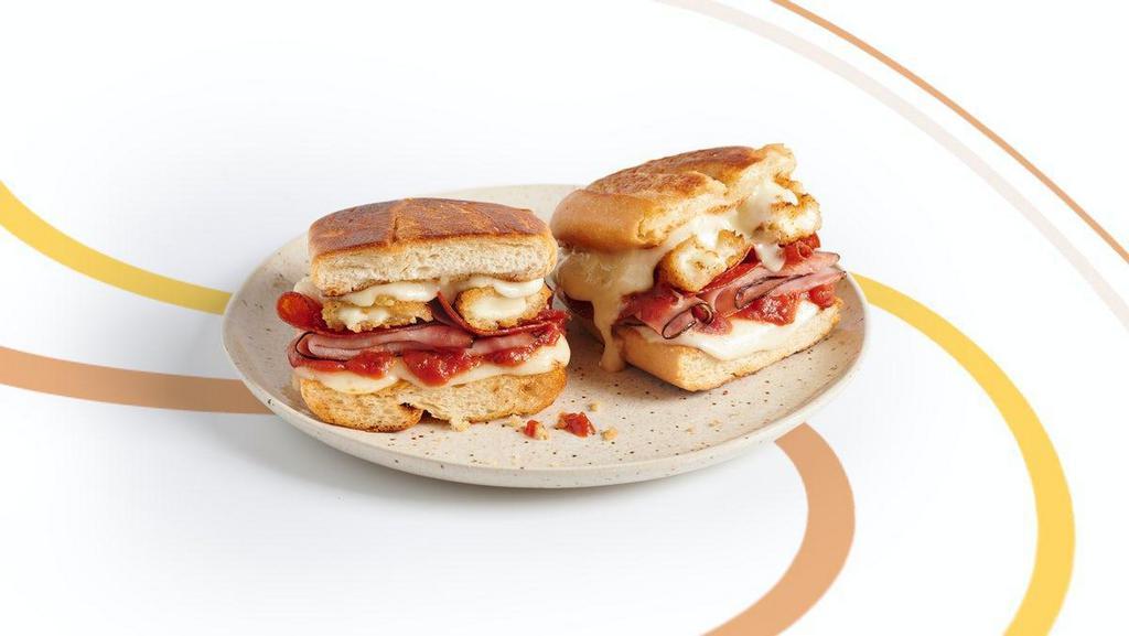 High Standards · Muenster cheese, pepperoni, ham, crispy mozzarella sticks, and marinara on a hoagie bun