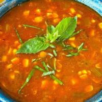 Roasted Corn & Tomato Soup · Roasted Garlic, Red Onion, Celery, Sweet Basil, Vegetable Stock, Olive Oil, Cumin