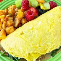 Omelet · Three egg omelet with your choice of two veggies (peppers, onions, spinach, tomato, mushroom...