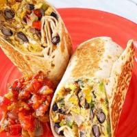 Breakfast Burrito · Black beans, peppers, onions, cilantro, scrambled eggs, pepper jack cheese, flour tortilla &...