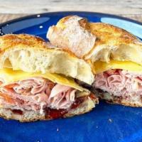 Berkshire Ham Sandwich · Smoked ham, fig jam, gruyere, baguette
