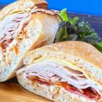 The Fair Haven · Warm honey maple turkey, bacon, Swiss cheese, coleslaw and Russian dressing on a ciabatta roll