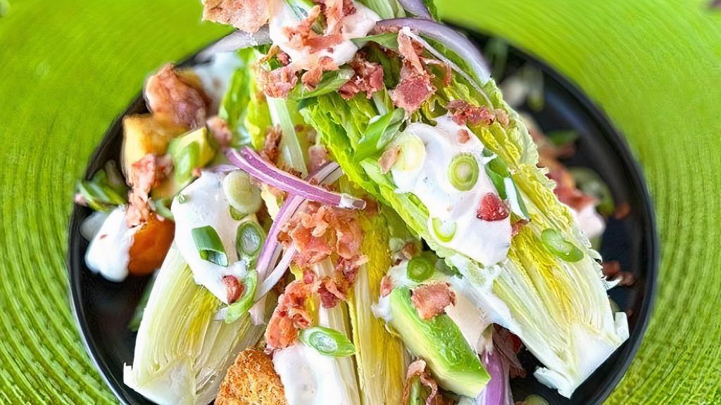 Blt Salad · Little gem lettuce, bacon, grape tomato, red onion, avocado, spring onion, crouton, herb buttermilk dressing