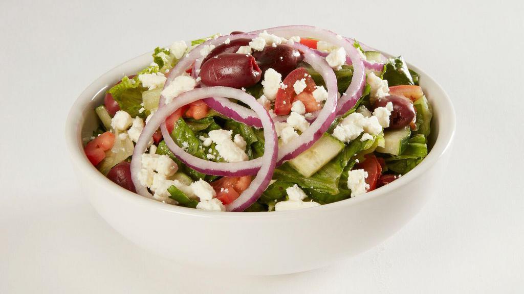 Mediterranean Salad · Romaine lettuce, cucumbers, tomatoes, Kalamata olives, Feta cheese, red onion, vinaigrette dressing.