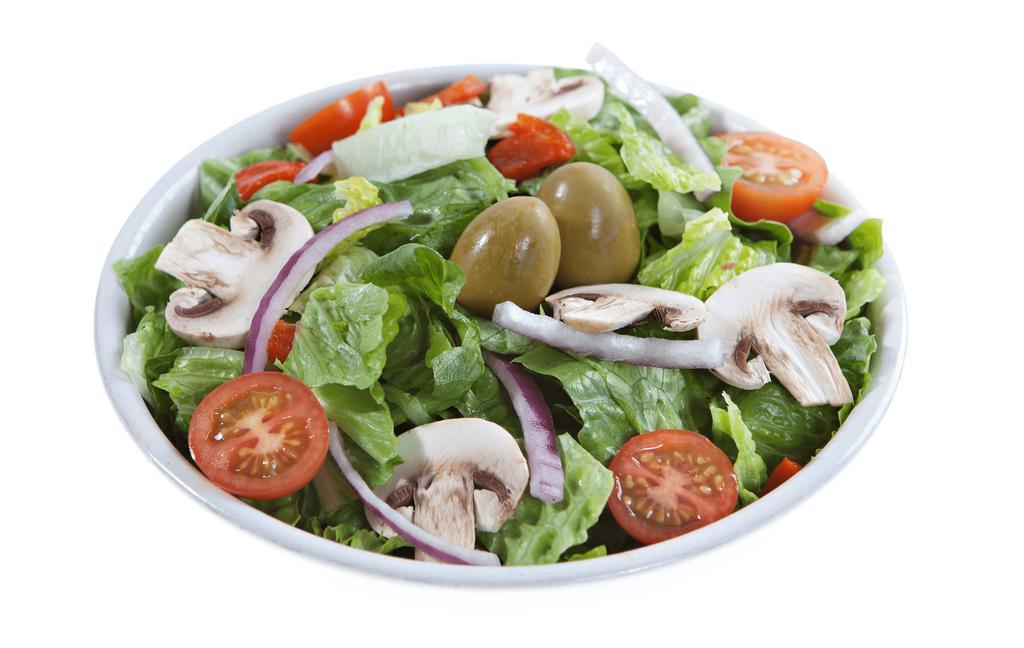 Grimaldi'S House Salad · Romaine lettuce, red onion, cherry tomatoes, oven roasted sweet red peppers, mushrooms, green olives, vinaigrette dressing.