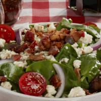 Spinach Salad · Baby spinach, red onion, cherry tomatoes, bacon, crumbled gorgonzola cheese and balsamic vin...