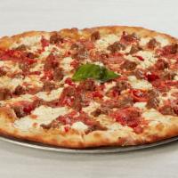 Brooklyn Bridge · Oven roasted red peppers, creamy ricotta cheese and hand pinched Italian sausage, atop our T...