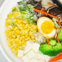 Veggie Ramen · Vegetarian soy sauce base soup with bean sprouts, carrot, cabbage, and shiitake mushroom.