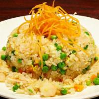 Seafood Fried Rice · Shrimp, squid, crabstick, egg, carrots, green peas, onions, and scallions.