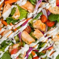 Buffalo Chicken Salad · Lettuce, tomatoes, cucumbers, onions, and peppers. Crispy chicken with hot sauce and mozzare...