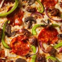Deluxe Pizza · Mushrooms, onions, meatballs, pepperoni, sausage, green peppers and extra cheese.