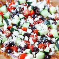 Greek Pizza · Feta cheese, olives, tomato, fresh garlic, spinach and mozzarella cheese