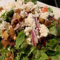 Goat Cheese Salad · Gluten-free. Mixed greens, tomatoes, figs, toasted almonds, red onions and pomegranate vinai...