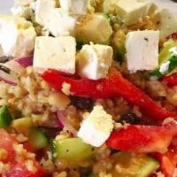 Bulgur Weat Salad · Chick peas, tomatoes, red onions, red peppers, pine nuts, raisins, cuccumbers, aruula, feta ...