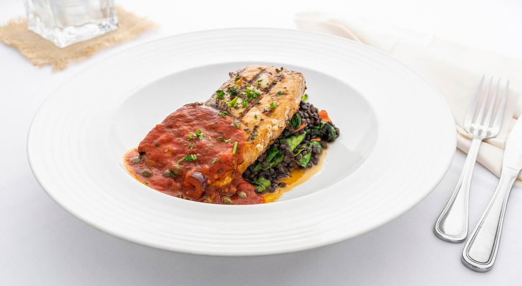 Xifias · Gluten-free. Grilled swordfish, beluga lentils, roasted red peppers, spinach, tomatoes capers kalamata olives.