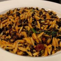 Spicy Beluga Lentils And Orzo · Kale, tomato kalamata and caper olive ragout.