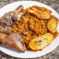 Jollof Rice & Plantain · Fish, goat meat, turkey, chicken, assorted or beef.