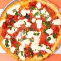 Margherita · Thin crust topped with crushed tomato sauce, fresh mozzarella cheese & basil.