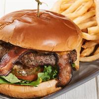 Bacon Burger · Applewood smoked bacon, Cheddar cheese, caramelized onions, lettuce, tomato, pickles, mustar...