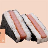 Spam Riceball · Fried Spam (spiced pre-cooked pork product) drizzled with sweet mayo.