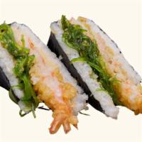 Yaya Shrimp Riceball · Seaweed salad, fried shrimp tempura, and drizzled in sweet mayo. Contains sesame seeds.