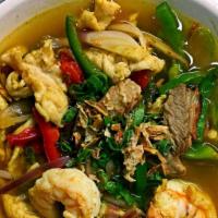 Devilish Udon Noodle Soup · Hot and Spicy. Noodle soup with chicken, roast pork, jumbo shrimp, and vegetables in curry s...