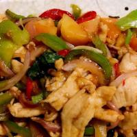 Thai Basil Chicken · Hot and spicy. Sauteed sliced white meat chicken with tomato, onion, pepper and fresh Thai c...
