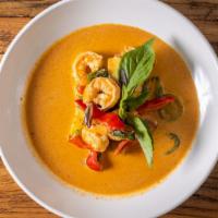 Red Curry · Spicy. Gluten-free. Bamboo shoot, zucchini, basil, bell pepper, coconut milk, long hot chili.