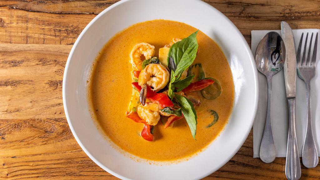 Red Curry · Spicy. Gluten-free. Bamboo shoot, zucchini, basil, bell pepper, coconut milk, long hot chili.
