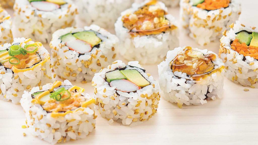 Sushi Favorites Family Pack - 32 Pieces · The perfect family pick! Four of our most popular 8-pc rolls made with white rice: California Roll, Spicy Shrimp Roll, Shrimp Tempura Roll, and Vegetable Roll..